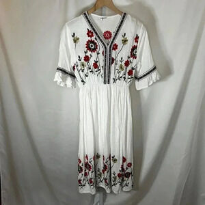 Shineflow Size Small Embroidered Midi Dress White Floral Flowy Boho Romantic